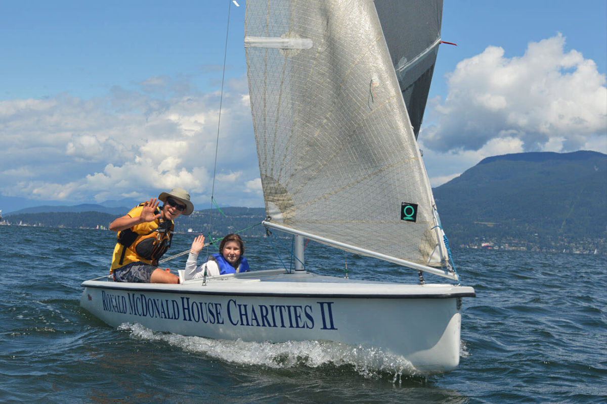 Two people waving to the camera in a sailboat
