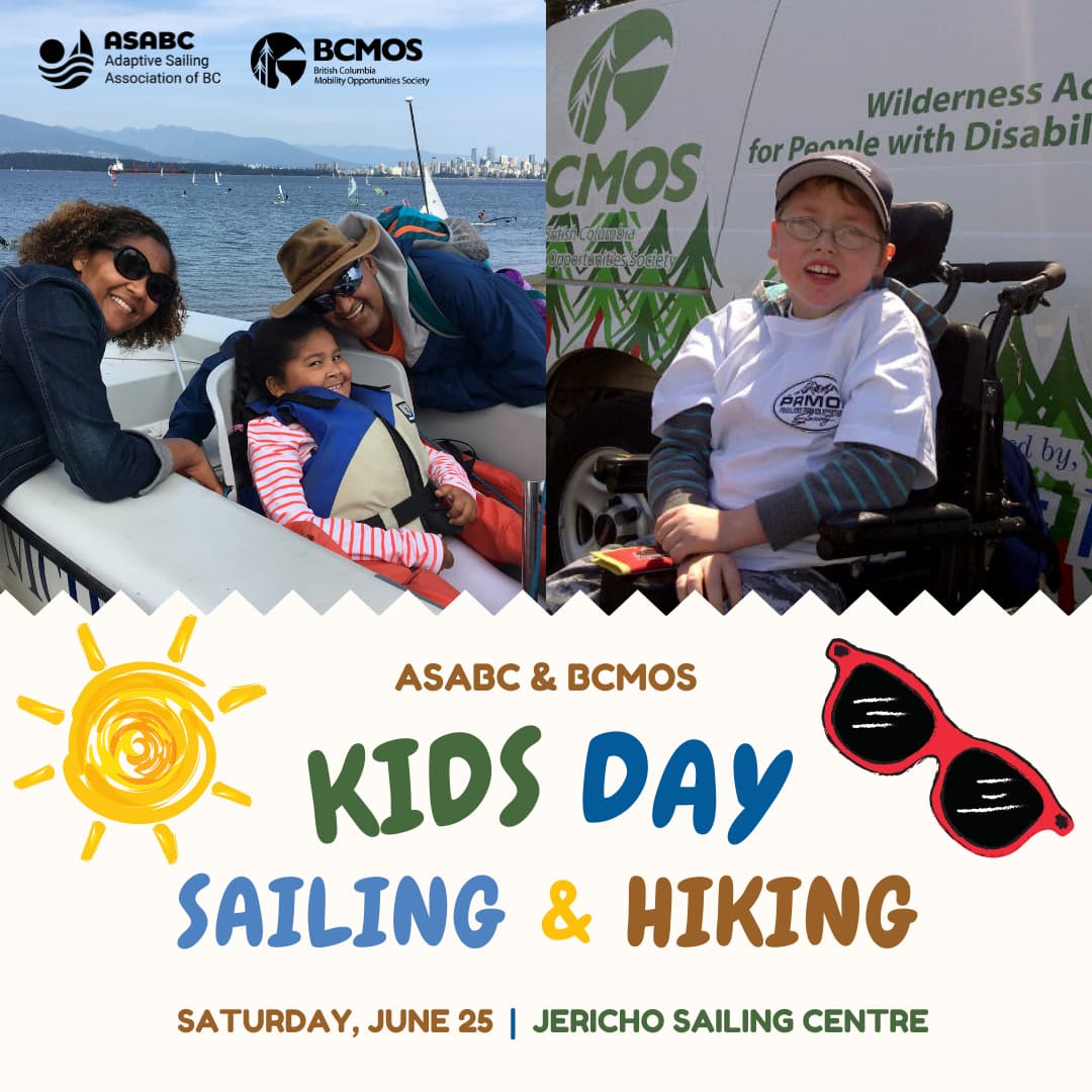 Kids and parents enjoying sailing and hiking. ASABC and BCMOS Kids Day. Hiking and Sailing. Saturday June 25th from 11am to 3pm.