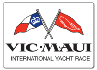 Two triangle flags are crossed at the poles. One represents the start venue, and the other represents the finish venue. Beneath the flags reads, Vic-Maui International Yacht Race